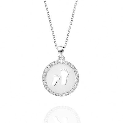 China S925 Women's Sterling Silver Baby Jeweled Necklace Anniversary Footprints Necklace Commemorative Round Pendant Fashion Simple Border for sale