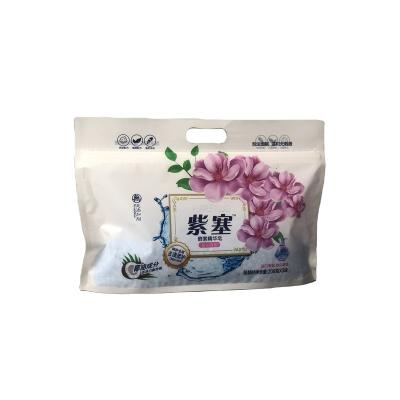 China Recyclable Rack Up Pouch With Handle Laminated Seal Custom Good Color Plastic Ziplock Bag for sale