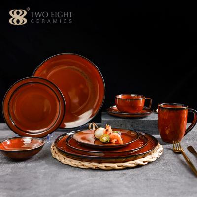 China 2021 New Arrived Sustainable Dinnerware Shallow Dish Copper Red Irregular Ceramic Dishes Sets Porcelain Dishes For Restaurants for sale