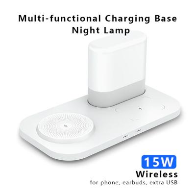 China Night Lamp Hot 4 in 1 Multifunctional Magnetic Wireless Charging Base 15W with Night Lamp for Phone Earbuds Smart Watch for sale