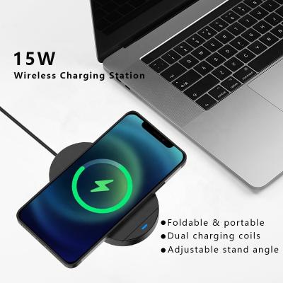 China Foldable Foldable 15W Wireless Charger Protective Charging Stand Compatible For iPhone 13/12/SE, Samsung Galaxy Z Flip 3 5G/S22/S21/S20/S10 for sale