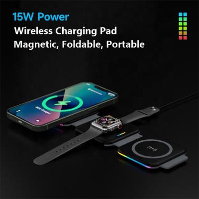 China Foldable Hot Premium 3 in 1 Foldable Wireless Magnetic Charger / Pad With 10W 15W For Phone Earbuds Smart Watch for sale