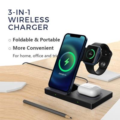 China Hot Foldable 3 in 1 Fast Foldable 10W 15W Portable Wireless Charger Stand for Smart Watch Phone Earbuds for sale