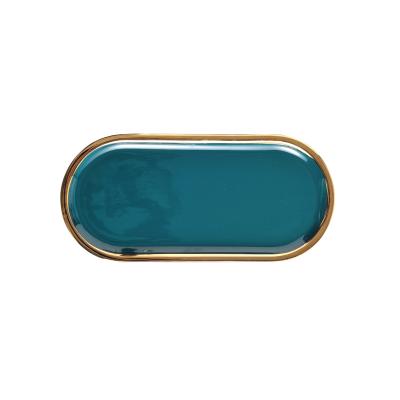 China Nordic Viable Gold Melamine Green Wind Food Dish Dessert Dish Jewelry Storage Tray Oval Western Cake Display Dish for sale