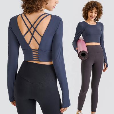 China Plus Size SY136 Lulu Cross Back Long Sleeve Yoga Crop Top With Build In Shelf Bra Workout Fitness Slim Fit Top for sale