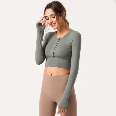 China 2016 Plus Size Women Ribbed Line Long Sleeve Cropped Top With Build In Front Button Padded Yoga Gym Top for sale