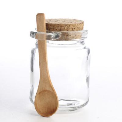 China Honey Thick Clear Glass Storage Jar with Cork Stopper and Wooden Spoon for sale