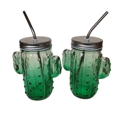 China Modern Cactus Shaped Glass Beverage Mason Cup With Lid and Straw For Drinking for sale