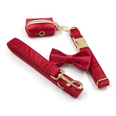 China 3pcs 5pcs Personalized Custom Red Velvet Gold Buckle Pet Collar Leash Bowknot Harness Dog Pocket Bag Costume Christmas Thick Red Thick Set for sale