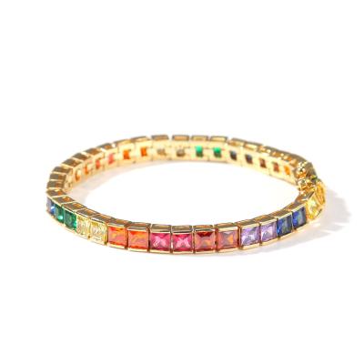 China CLASSIQUE Hop Bangle Gold Plated Copper Inlaid With Colorful Square Zirconia Hippie Bangle Tennis Chain for sale