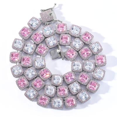 China Hiphop Hip Hop Jewelry 10mm Pink And White Zircon Cubic Zirconia Square Copper Beaded Necklace Women for sale