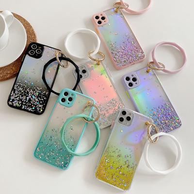 China Male/female fashionable girl style PC TPU case laser quicksand pattern and bracelet wears for iphone 11/11 pro/11 pro max for sale