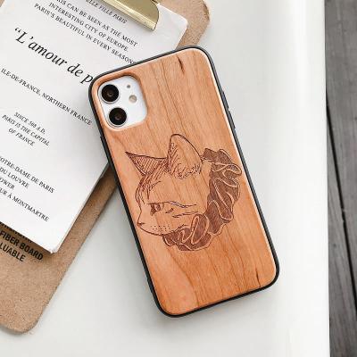 China New Design Walnut Pattern Cherry Wood Custom Bamboo With Forged Carbon Fiber Phone Back Cover Case For iphone 11/12 for sale