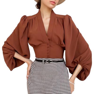 China Summer Autumn V-Neck Chiffon Lantern Sleeve Button Blouses Short Balloon Tops Spring Anti-pilling Women's Blow Casual Solid Sleeve Shirts for sale