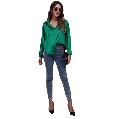 China Anti-pilling Women's Silk Satin Long Sleeve Button Down Casual Loose Work Shirt Blouse Top V-Neck Formal Shirt for sale