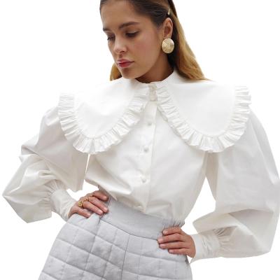 China 2022 Spring Women's Anti-pilling New Coming Solid Peter Pan Collar Oversize Frilled Ruffles Shoulder Button Blouse Tops for sale