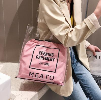 China Wholesale Custom Fashion Clear PVC Bag Transparent Shopping Tote Bag With Pink Inner Bag for sale