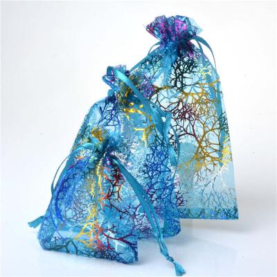 China 100% Eco-friendly Coral Blue Organza Jewelry Pouch Bag Wedding Favor Gift Bags for sale