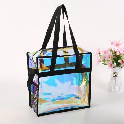 China Newspaper Used Translucent Holographic Laser Discolor Large Tote Bag PVC Bag for sale