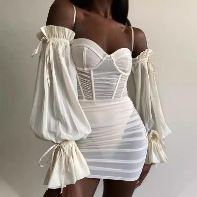 China 2021Fall European and American Women's Clothing Breathable New Mesh Pleated Transparent Chest Wrap Ties Dress Women's Long Sleeve Shorts for sale