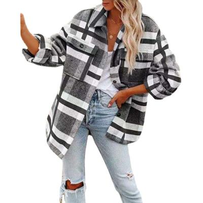 China Anti-wrinkle Amazon2021Autumn and winter European and American large size long sleeve women's clothingWISHLapel loose plaid woolen mid length for sale