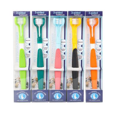 China Stocked Amazon hot PVC box packaging professional grooming three head cat dog pet teeth cleaning chew toothbrush set for pets for sale