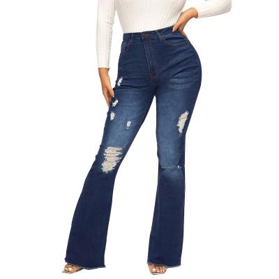 China QUICK DRY Factory Direct Sale Womens Clothing High Elastic Pants Hole Ripped Ladies Trousers High Waist Women Flared Jeans for sale