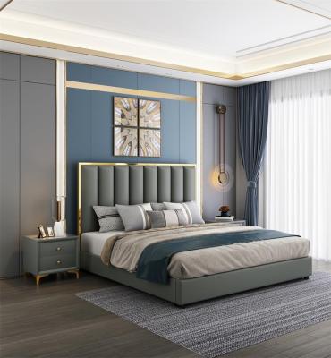 China (Others)Adjustable Modern Luxury Bedroom Furniture Upholstered Fabric Leather Bed King Size Gray Leather Bed for sale