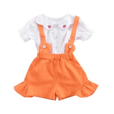 China ENGLAND STYLE high quality kids clothes summer party wear girls cherry shirts and suspender pants 2pcs for sale