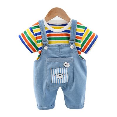 China High Quality Anti-Shrink Girls Boys Printing Rainbow T-shirt and Hi Bear Suspender Pants 2pcs Kid Clothes Set for sale