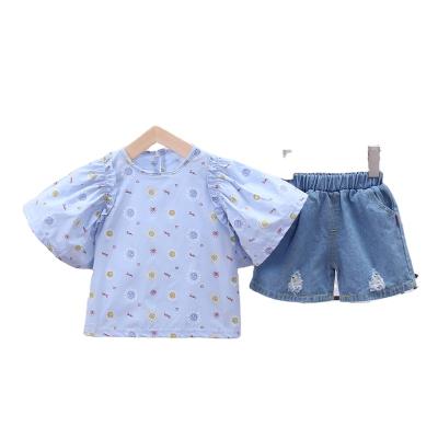 China 2021 New Cartoon Children's Clothing 2021 New Cartoon Lovely Pattern Shorts+Denim Cloud Printed Cotton Shorts Two-Piece for sale