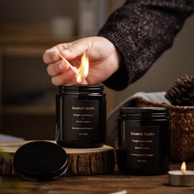 China Unique Wholesale Luxury Home Decoration 4oz 8oz Matte Black Amber Apothecary Glass Candle Jars With Lid for sale