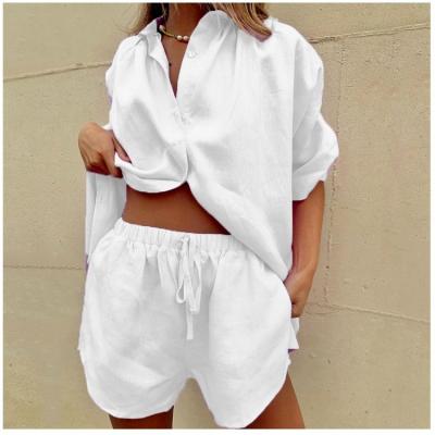 China 2021 Summer Women's Viable Loose Shirt Oversized Loose Shirt Two Piece Short Suit 3/4 Sleeve Elastic Drawstring Waist Shorts Lady Sets for sale