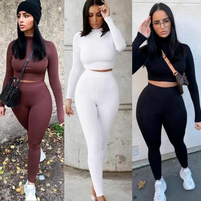 China Autumn Tracksuits High Waist Stretchy Two Piece Solid Sportswear Women Sets Warm Crop Tops And Gaiters Matching Outfits for sale