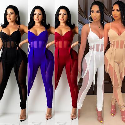 China New Arrival Fashion Solid Color Nightclub Halter Jumpsuit Women Breathable Sexy Transparent Slim Fit Overalls Sleeveless Elegant Clothing for sale