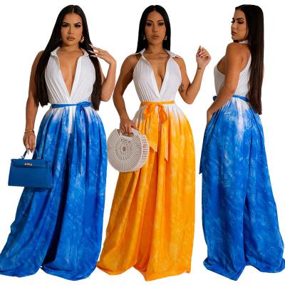 China Design Women 2023 QUICK DRY Casual Wide Leg Overalls Tie Dye New Sexy Plus Size Deep V Lapel Overalls for sale