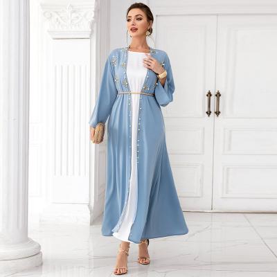 China Polyester Luxury Muslim Daffah Abaya/Cotton Dubai Rhinestone Cardigan Coat+inner Robe Thobe Ramadan 2 Pieces Sets Travel Robe Islamic Clothing for sale