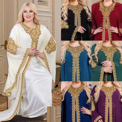 China 2023 Muslim Women's Two Piece Set Exquisite Embroidered Sequins Middle East Dubai Chiffon Polyester Abaya Kaftan Style High Quality Casual Long Dress for sale