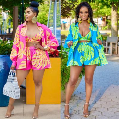 China New Arrival Fashion Sexy QUICK DRY Shirt Summer Casual Printed Loose Pieces Bikini+Shorts+Lapel 3 Pieces Sets Elegant Suits Women Clothing for sale