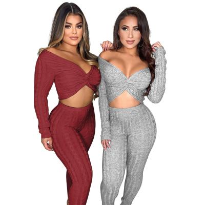 China Autumn Pure Color Breathable High Quality V-Neck Cropped Sweater 2 Pieces Set Women for sale