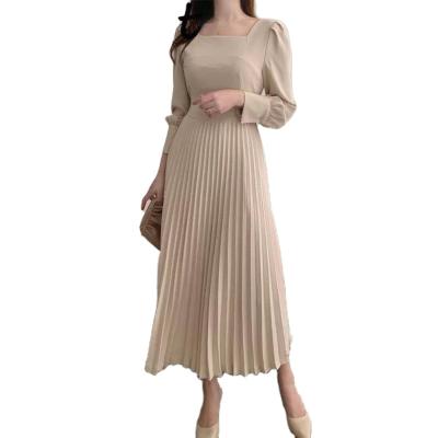 China 2021 Solid Color Anti-Static Tight Korean Chic Crew Neck Waist Spring Long Sleeve Pleated Casual Outfits Woman Lady for sale