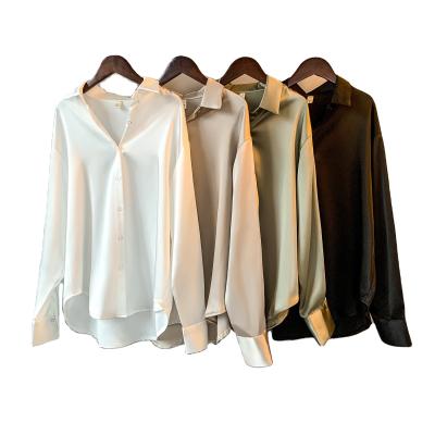 China 2021 Spring Women Anti-pilling Long Sleeves V-neck Satin Blouse Vintage Top Fashionable Satin Blouse for sale