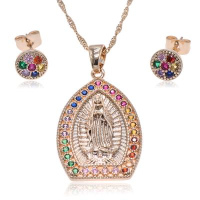 China 2021 TRENDY New Zircon Inlaid Religious Earrings Necklace Pendant Set, Brass Gold Plated Jewelry Set for sale