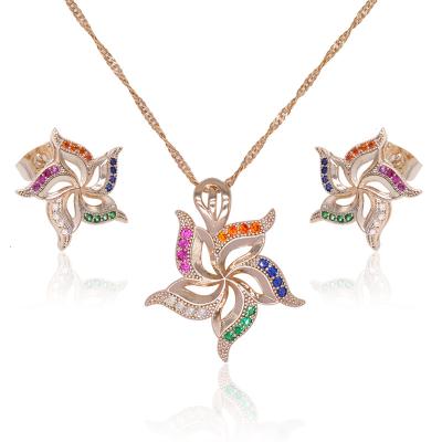 China TRENDY Ladies Fashion Flower Design Necklace and Earring Set, Zircon Inlaid Gold Plated Jewelry Set for sale