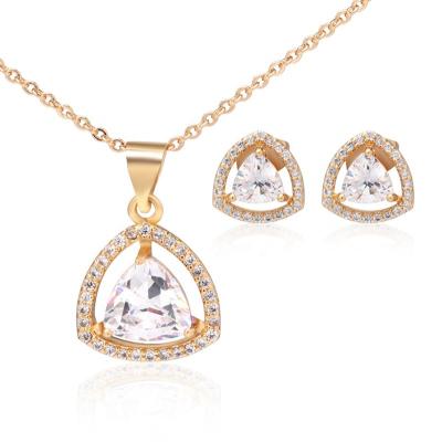 China Fashionable Wholesale Zircon Bridal Two Piece Set 18k Gold AAA Luxury Temperament Triangle Shape Diamond Earring And Necklace Sets for sale