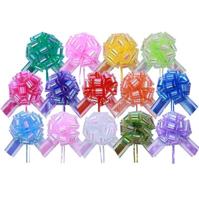 China Iridescent Bow Pom Pom Pull String Iridescent Wholesale Organza Flower Ball Pull Bows for sale