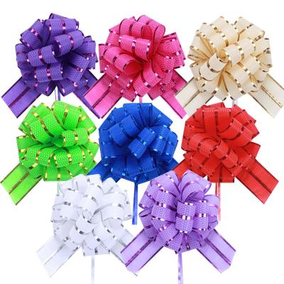 China Hot Selling Organza Pull Bow Ribbon 3 Lines Wedding Car Decoration Pom Pom Pull Flower Bow Embossed Pattern Organza Pull Bow Ribbon for sale