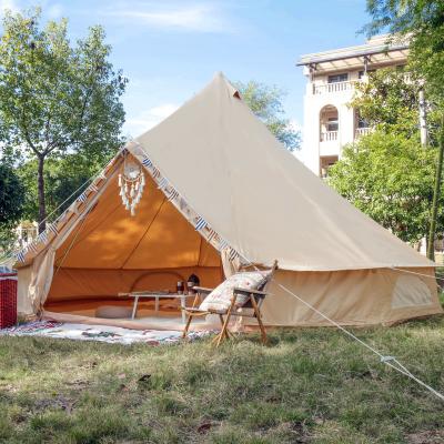 China Straight Tying Type Luxury Cotton Fire Retardant Canvas Large Family Bell Tent With Window 6 Person Camping Winter Outdoor Tents for sale