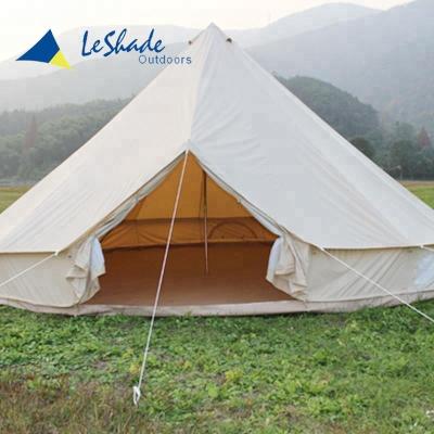 China Heavy Duty Outdoor Camping 7m Bell Canvas Chimney Tent 4 Person Waterproof Tent Straight Tying Type for sale