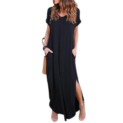 China Women's S-5XL Short Sleeve Breathable Casual Loose Long Pocket Dress Split Maxi Dresses for sale